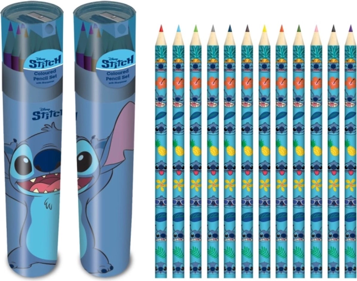 Lilo & Stitch set kleurpotloden in koker met puntenslijper (12 kleuren)