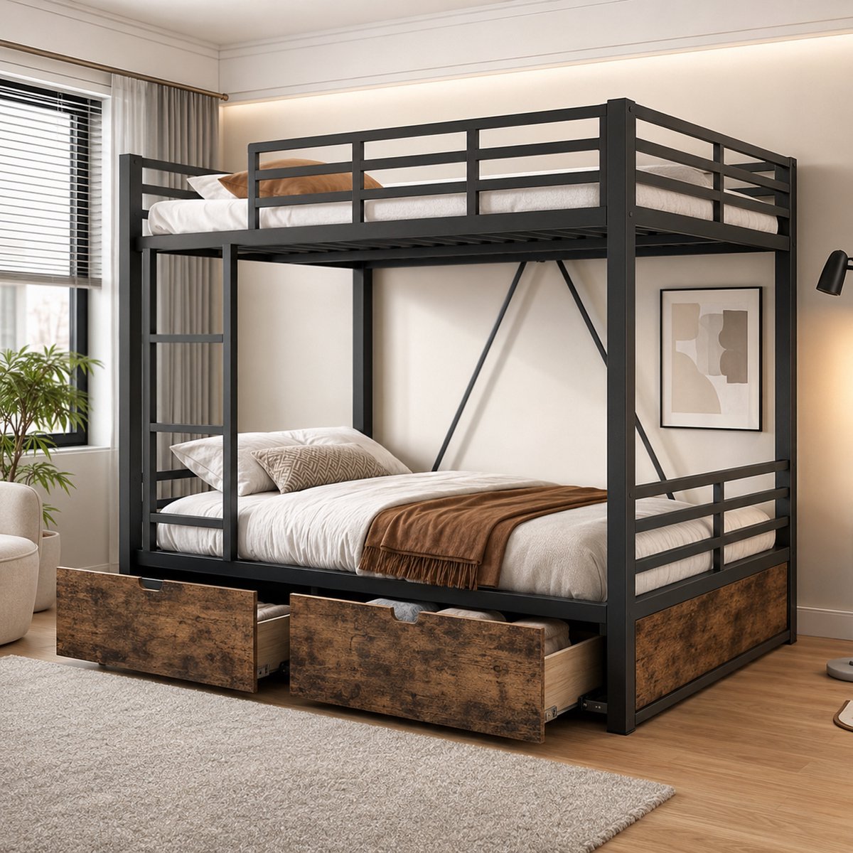 Parasha Nova Stapelbed - Ruimtebesparend metalen stapelbed met laden - 140x200 cm, zwart, met ladder en veiligheidsrails