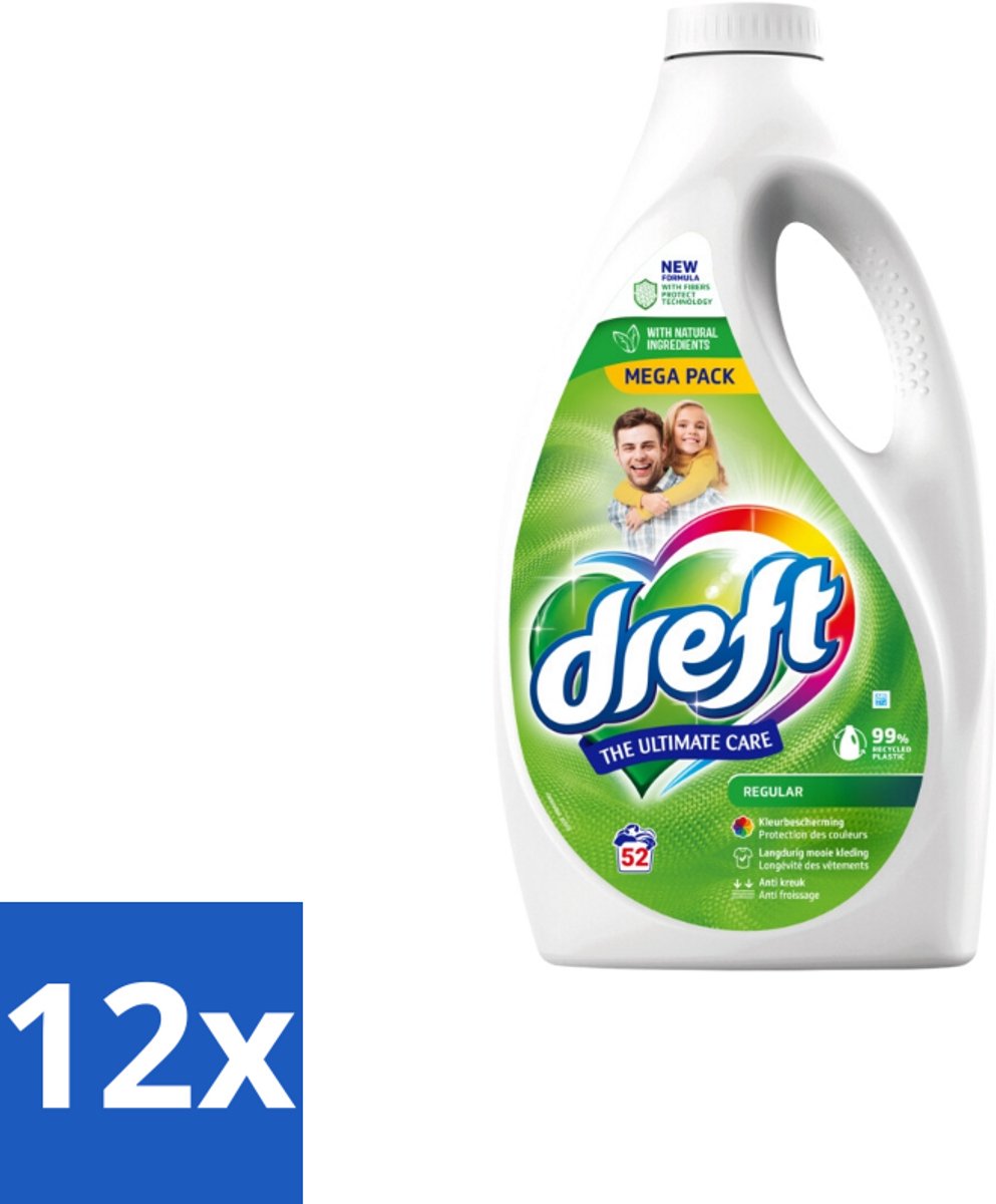 12 x Dreft – Regular – Vloeibaar Wasmiddel – 2,34 liter – 52 wasbeurten - Wasmiddel - Geconcentreerd Wasmiddel - Vloeibaar Wasmiddel - Kleding Reinigen - Kleur Beschermen