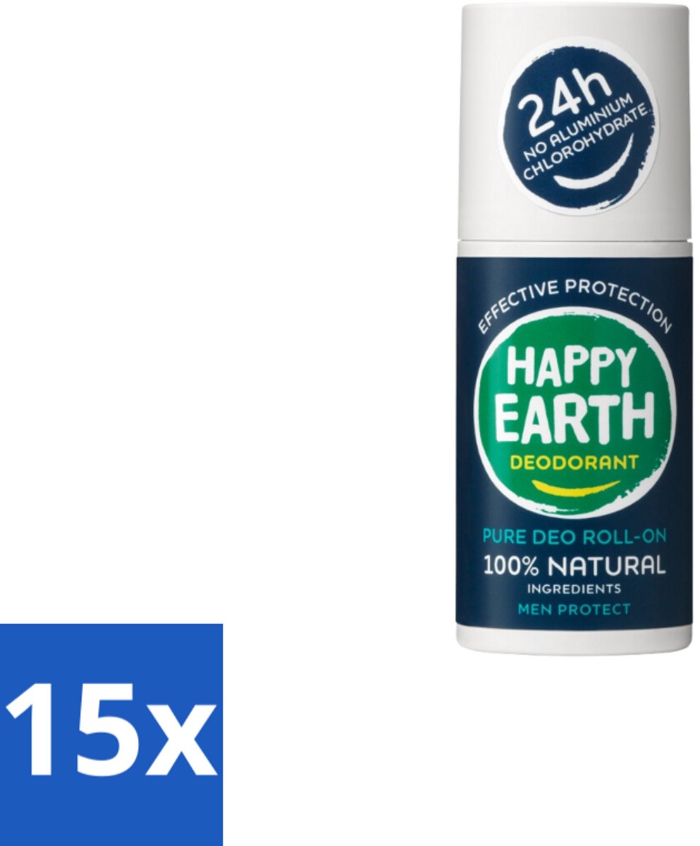 15 x Happy Earth – Deodorant Roll-On – 100% Natuurlijk Men Protect – 75 ml - Natuurlijke Deodorant - Mannen Deodorant - Roll-on Deodorant - Geurbeheersing - Huidvriendelijk Deodorant