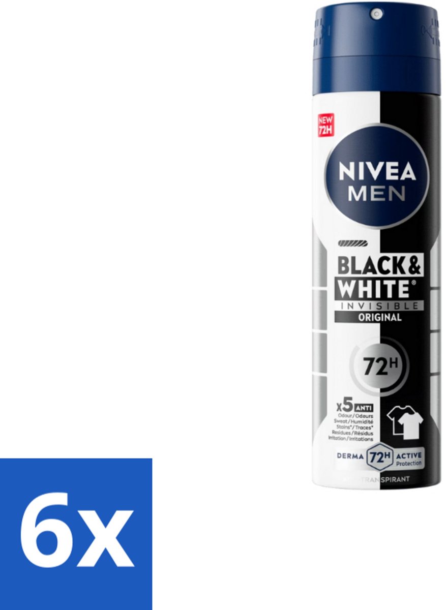 6 x NIVEA MEN – Deodorant spray – Invisible for Black & White – 150 ml - Zweetvermindering - Geurvermindering - Anti-Transpirant Spray - Kledingbescherming - 48u Bescherming