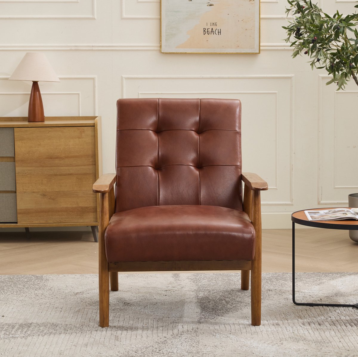 Wishdor Fauteuil - Echtleder en houten armleuningen - Gecapitonneerde rugleuning - Klassiek - Woonkamer slaapkamer kantoor - Bruin - 64 x 80 x 83 cm