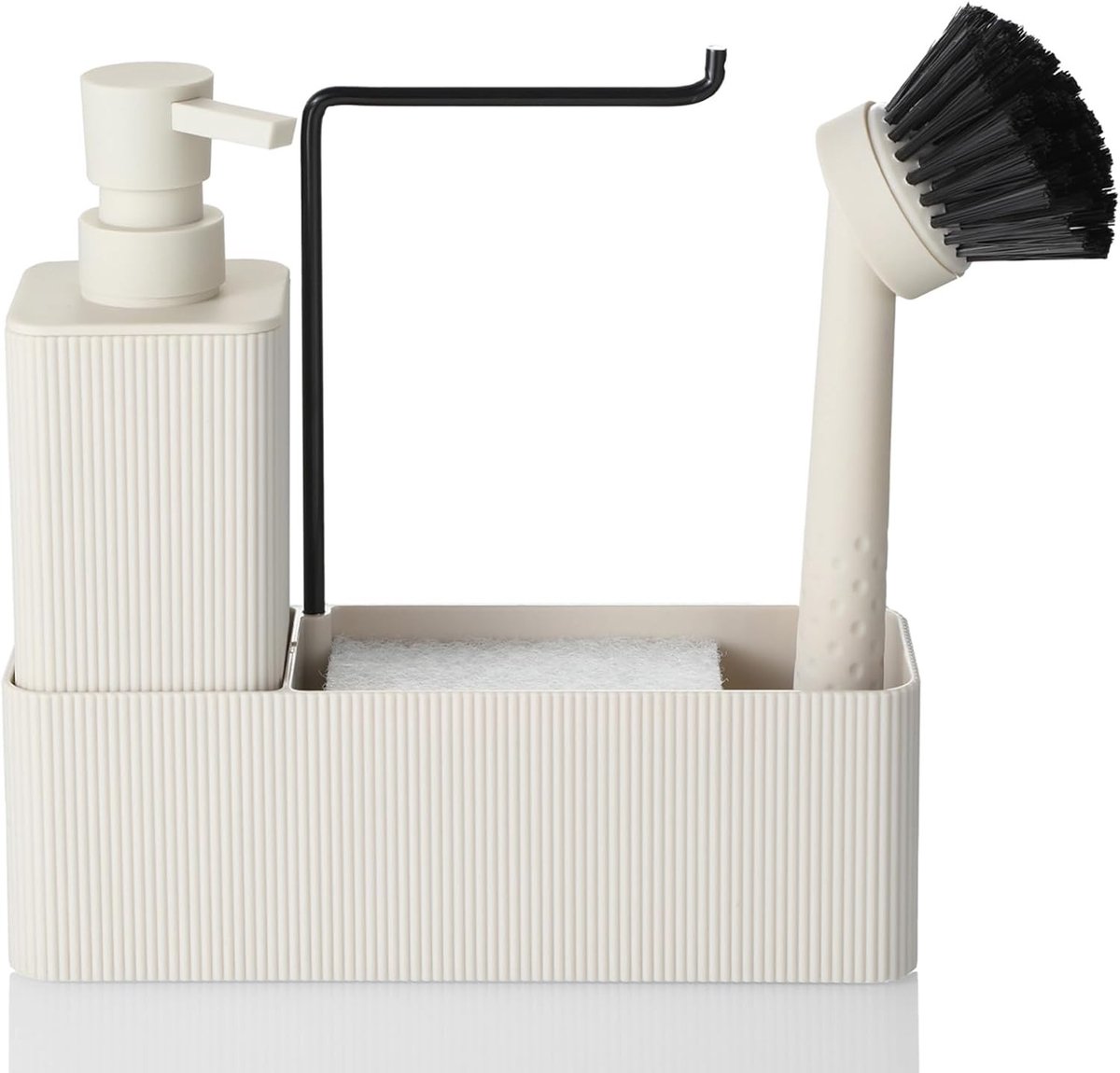 Beige Afwasmiddel Dispenser Set met Zeepdispenser, Afwasborstel, Spons en Organiser voor Keuken en Badkamer