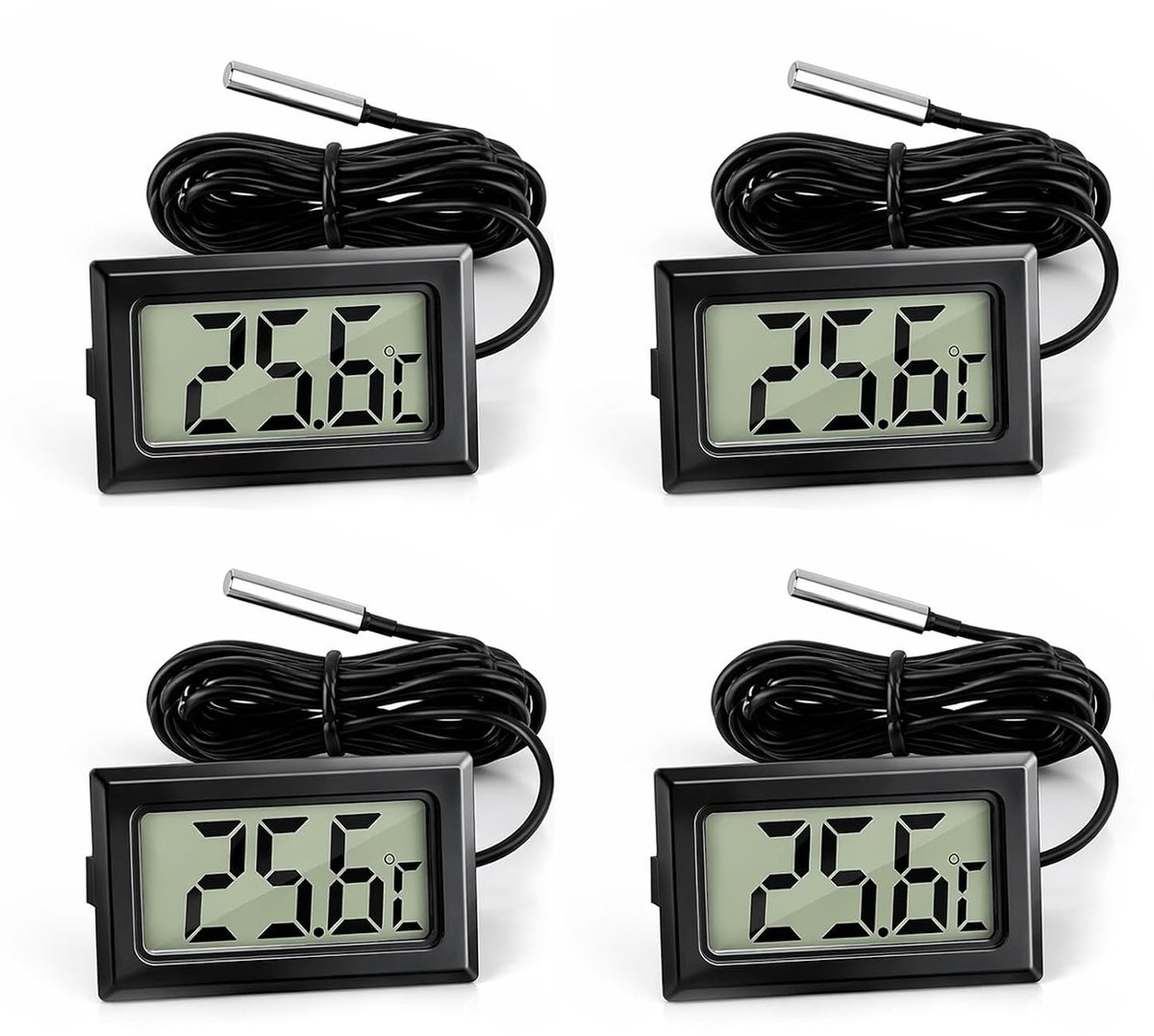 Digitale LCD Thermometer Set van 4 Stuks met Externe Sensor voor Koelkast, Vriezer en Aquarium, Nauwkeurige Temperatuurweergave en Compact Ontwerp