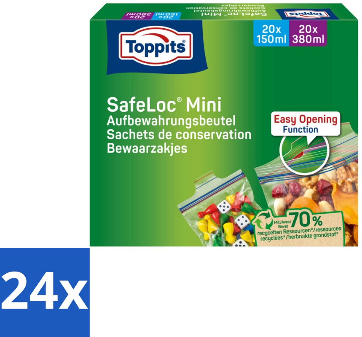 24 x Toppits – Safeloc Mini Zip-Zakjes – 40 Zakjes - Mini Zakjes - Lekvrij - Herbruikbaar - Herbruikbare Zakjes - Droge Opslag