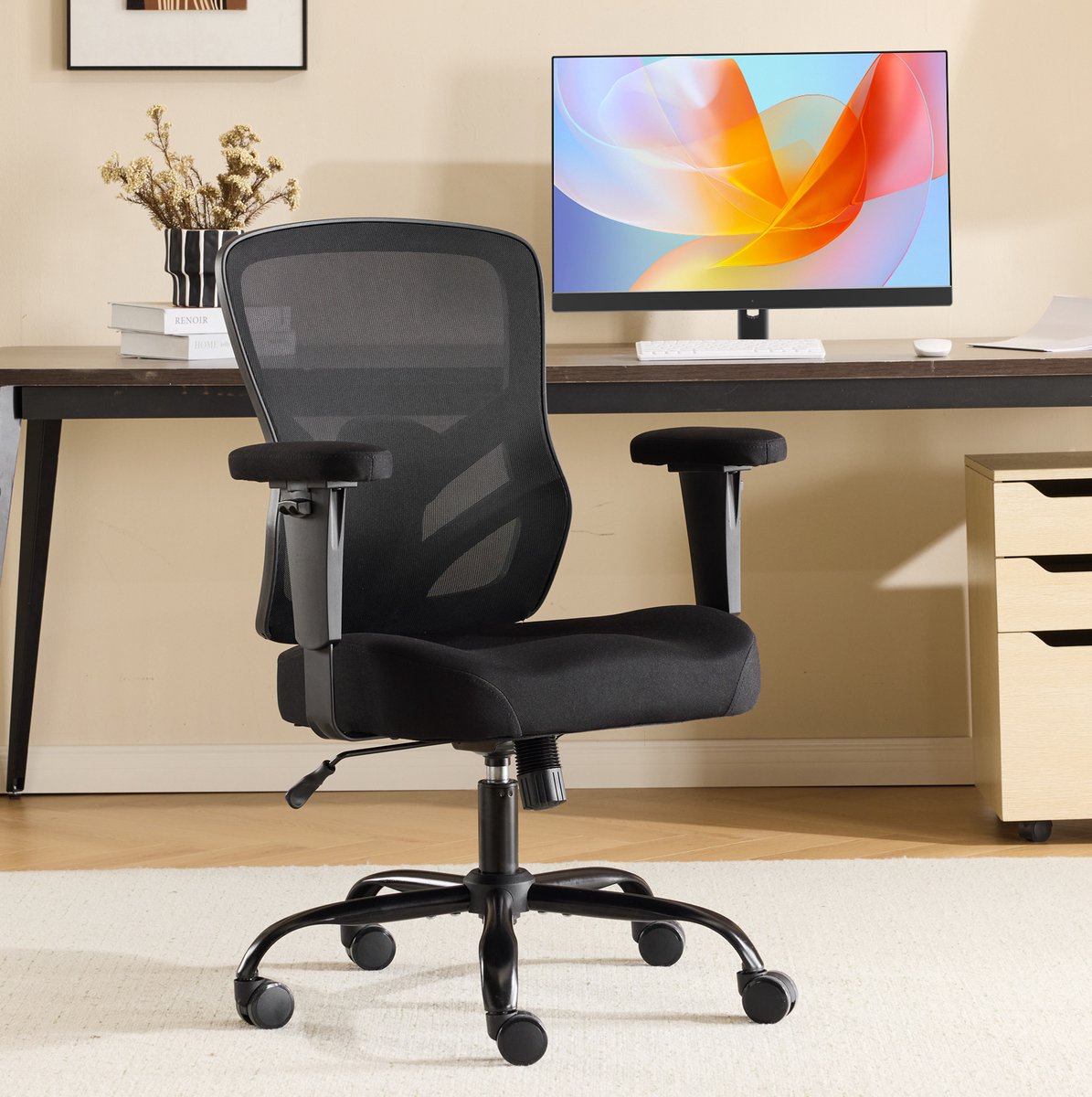 MIVRAY Bureaustoel 71 Cm Ergonomisch Verstelbaar Met 2D Armleuningen Lendensteun En Wielen Voor Thuis Kantoor Zwart Netstof