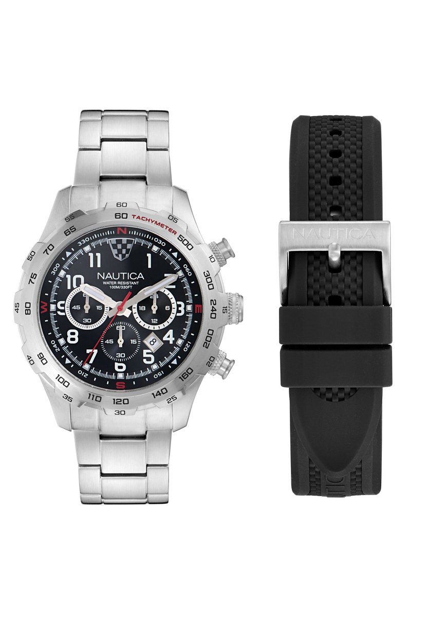 Nautica Nst Quartz Analoog Horloge Silver Tone Kast: 100% Roestvrij Staal | Armband: 100% Roestvrij Staal 46 mm NAPNSS604