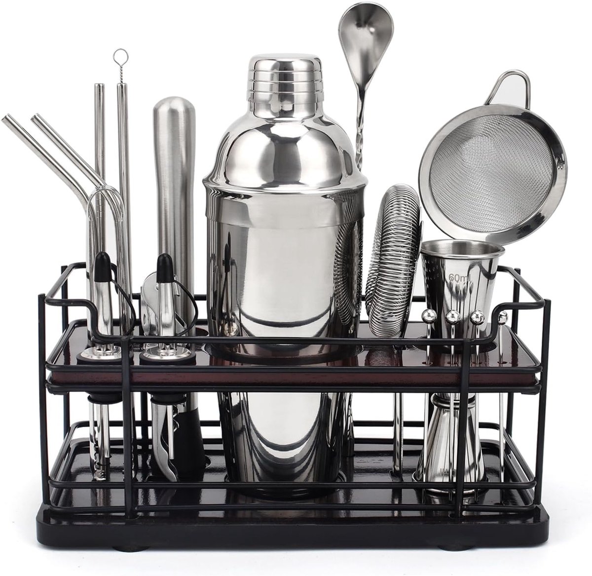 Cocktailshaker Set - Zilver - 750 ml - Roestvrijstalen Cocktailset met Bamboe Standaard - Voor Thuis en Professioneel Gebruik