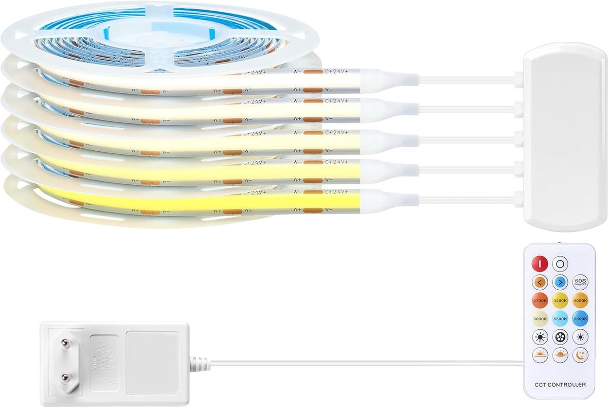 24V 5M CCT Dimmable LED COB Strip, 5 pcs 3.28ft Verstelbare 2700K-6500K COB LED Strip met Remote Contronl Kit voor - ShopVlot