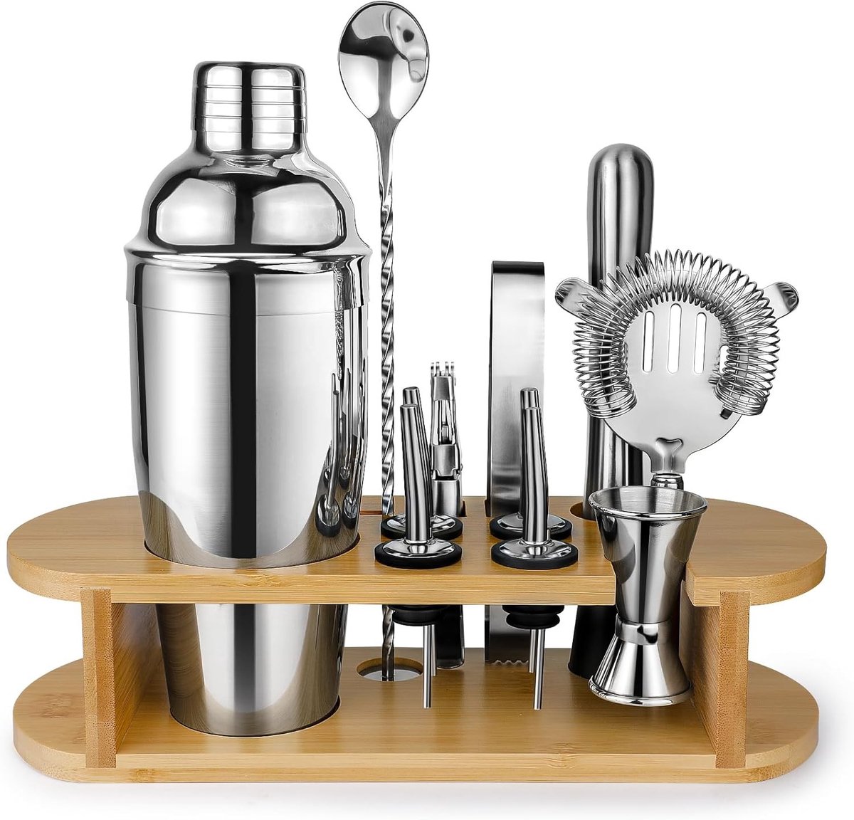 Cocktailshaker Set - Zilver - 750 ml - Roestvrij Staal met Bamboe Standaard - Voor Thuis Bar en Cocktailliefhebbers