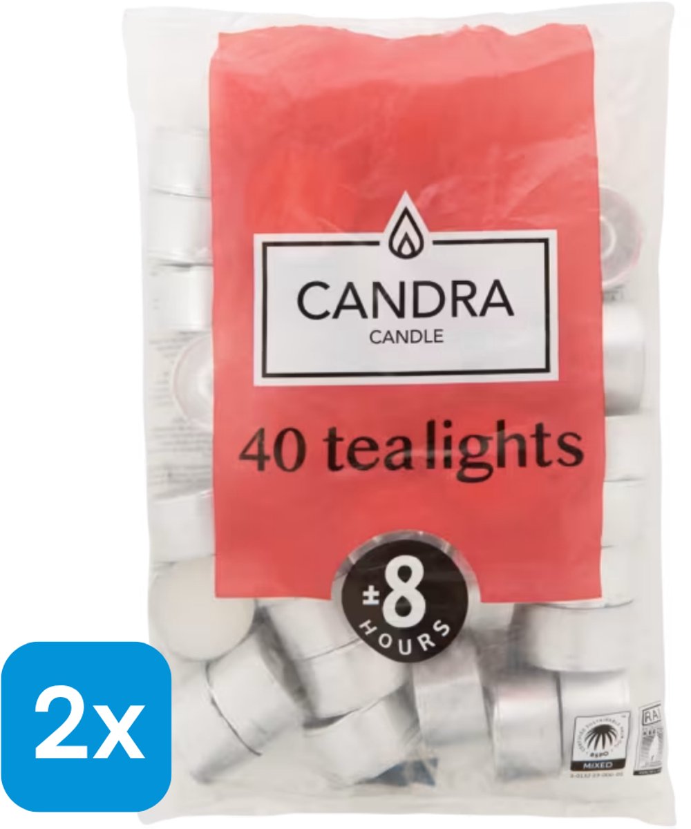 2 x 40 Candra theelichten wit - 8 branduren per kaarsje - Geurloos