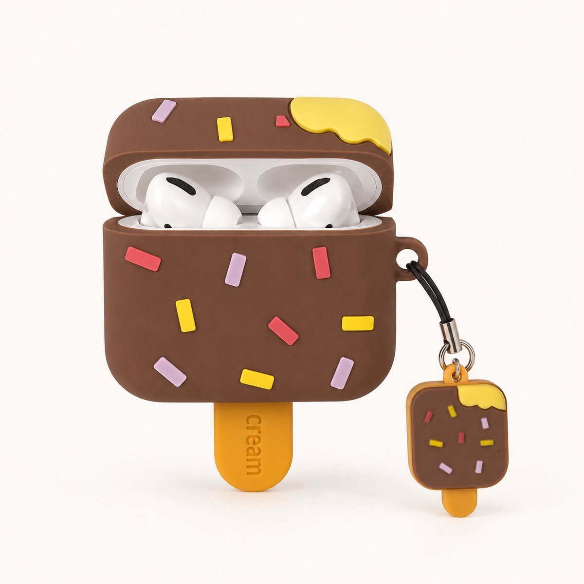 AirPods 4 Hoesje Bruin - Kawaii Chocolade IJsje met Sprinkles en Hanger