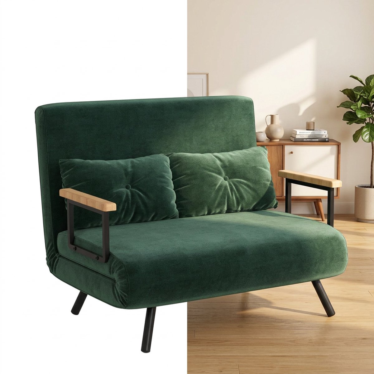 GranMaison Slaapbank - Uitklapbaar - Slaapstoel - Logeerbed - Zetelbed - Slaapfauteuil - Vouwbed - 2 persoons - Zeer comfortabel - Groen