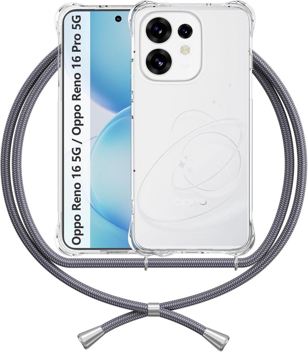 Zandarix Hoesje Geschikt voor Oppo Reno 16 / 16 Pro - Siliconen Anti Schok - Versterkte Hoeken - Bumper - Crossbody Koord - Back Cover Hoesje - Grijs