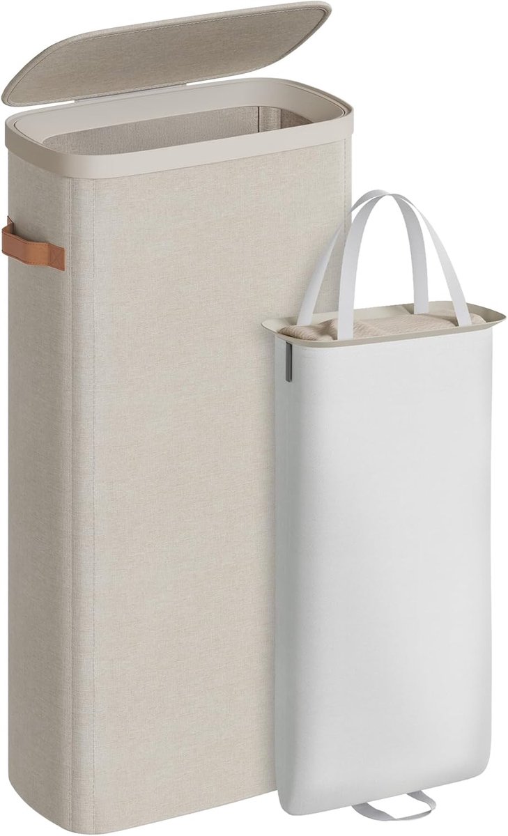 SONGMICS Wasmand, 65 liter, Wasmand, Wasbak, Eenvoudig te monteren, met deksel en handgrepen, Uitneembare waszak, 39 x 22 x 75 cm, Cappuccino Beige