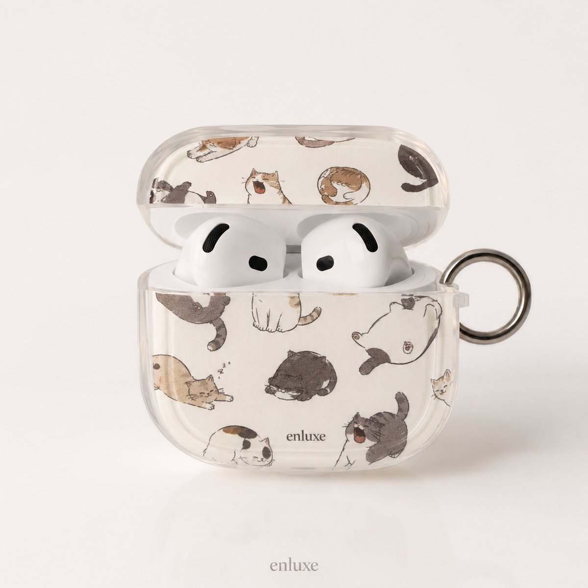 Enluxe AirPods 4 Hoesje Transparant – Kattenprint Beige Bruin met Karabijnhaak
