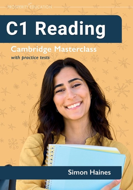 Studieboek C1 Reading met lachende vrouw die een blauw schrift vasthoudt tegen een okergele achtergrond met sterren.