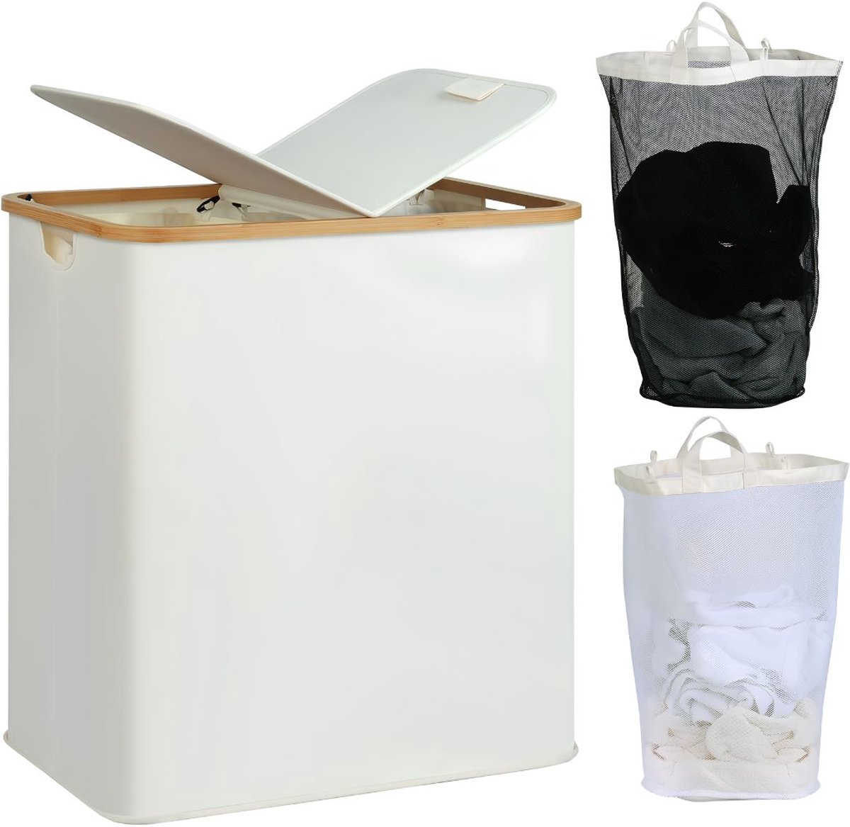 TYR® Wasmand - 140L - Wasmand met Deksel - Wasmand 2 Vakken - Beige - 57cm x 37cm x 66cm