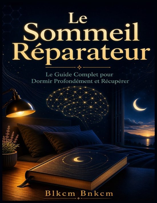 Boek 'Le Sommeil Réparateur' met een nachtelijk uitzicht op een slaapkamer, een gloeiende hersenafbeelding en een halve maan.