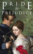 Boekomslag van "Pride & Prejudice" met een schilderij van een man in een militair uniform en een vrouw in een witte jurk met rode strik.
