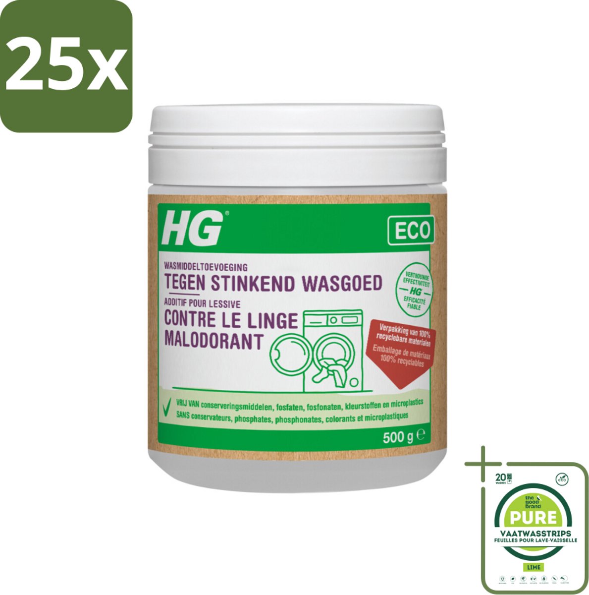 25 x HG Eco Wasmiddeltoevoeging tegen Stinkend Wasgoed 500 gr - Grootverpakking - Wasmiddel Toevoeging - Wasverzachter - Stinkend Wasgoed - Wasgeur - Ecologisch Wasmiddel