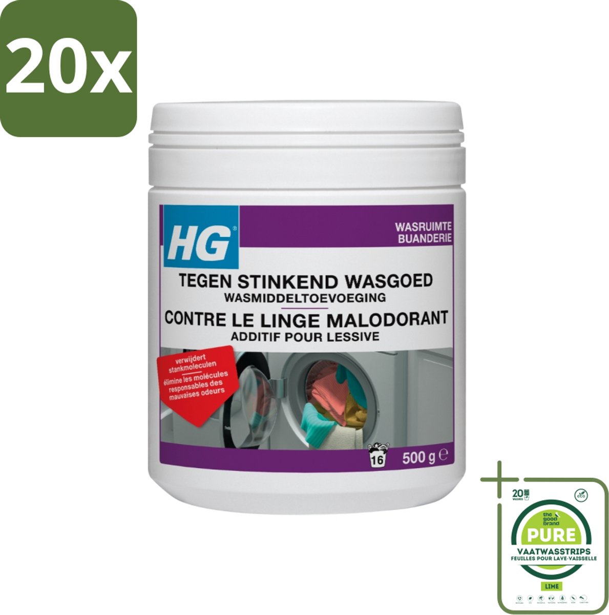 20 x HG Tegen Stinkend Wasgoed Wasmiddeltoevoeging 500 gr - Grootverpakking - Wasmiddel Tegen Geur - Wasmiddel Voor Stinkende Was - Wasverfrisser - Wasmiddel Toevoeging - Wasgoed Geur Neutraliseren