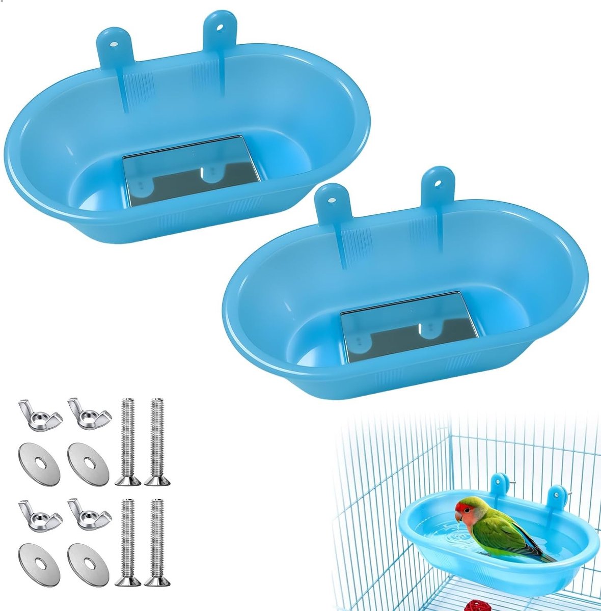 Vogelbad met Spiegel en Schroefbevestiging, Ideaal voor Parkieten en Kleine Vogels, Set van 2 voor een Verfrissende Doucheervaring