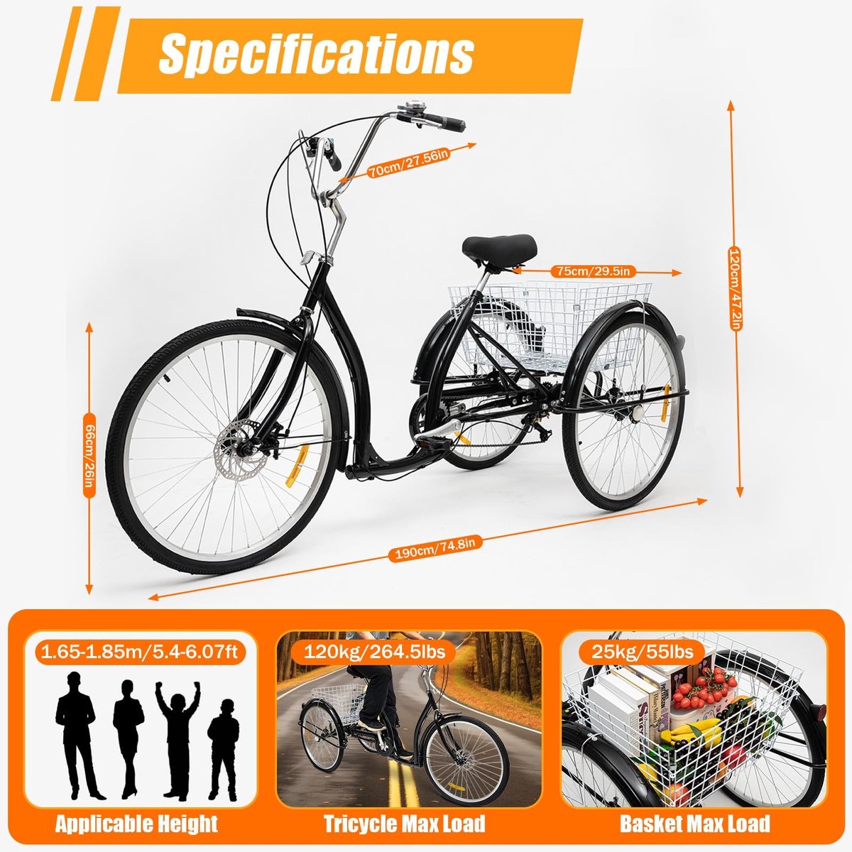 Elzusha - 26 Inch Volwassen Trike - 6 Versnellingen, Met Winkelmand en Bel, Voor Senioren