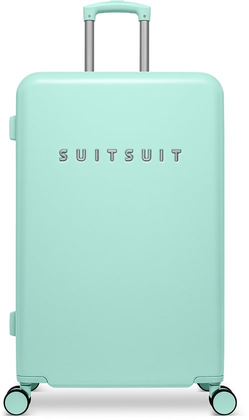 Une valise SUITSUIT couleur menthe debout sur ses roulettes, sur fond blanc.