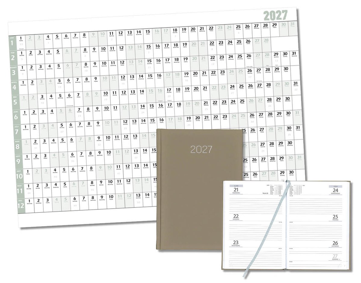 MGPcards - Bureau Week-agenda 2027 - H72 - A5 - 1 week 2 pagina's - Nederlandstalig - Gewatteerde omslag - 14.8 x 21 cm - Mat Taupe + Jaar kalender - Kalender 2027 - Wandplanner - Jaarplanner - Grote planner - A1 formaat - Poster - 84 x 60 cm
