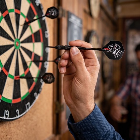Zwart dartpijlen set 3 stuks dartpijlen heren dames soft tip darts met kunststof punt en geribbelde grip en zwarte flights met grafisch patroon — afbeelding 2