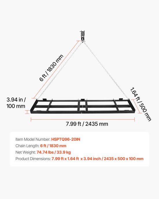Sleepeg 243,5x50 cm, Weideeg met 183 cm Ketting, Duurzame Egaliseerhark van Gegalvaniseerd Staal, Ideaal voor Grindpaden en Geschikt voor ATV's, UTV's en Tractoren van Sleepeg — afbeelding 3