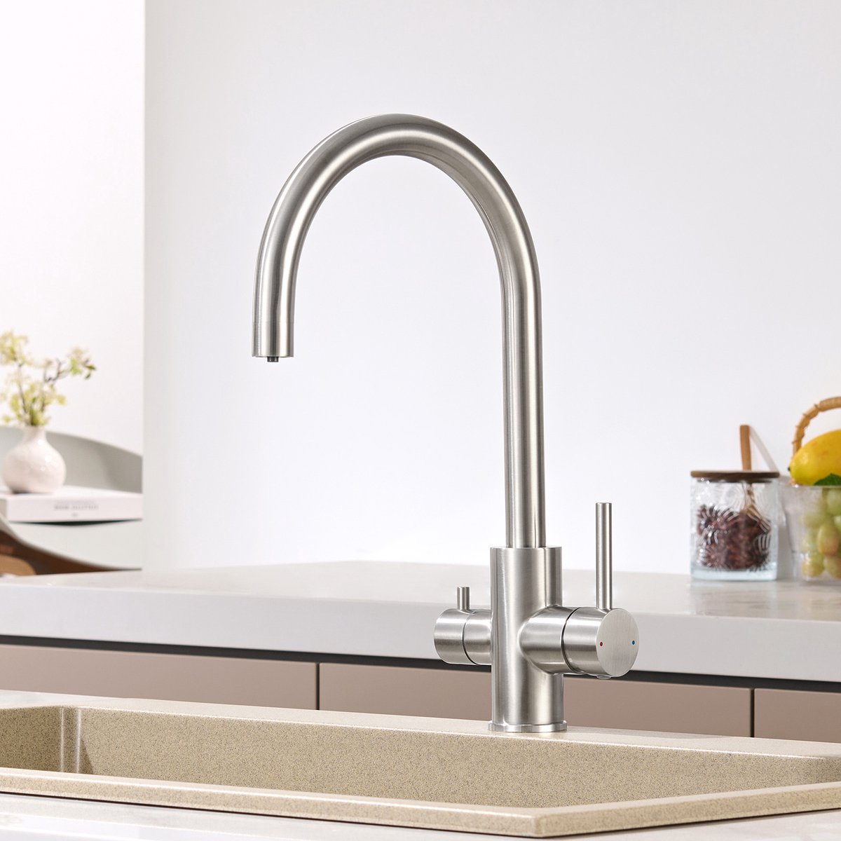 CECIPA max Moderne 3‑weg Keukenkraan - Zilver 3‑in‑1 Drinkwatermengkraan - 360° draaibaar - RVS keukenkraan met flexibele Slang