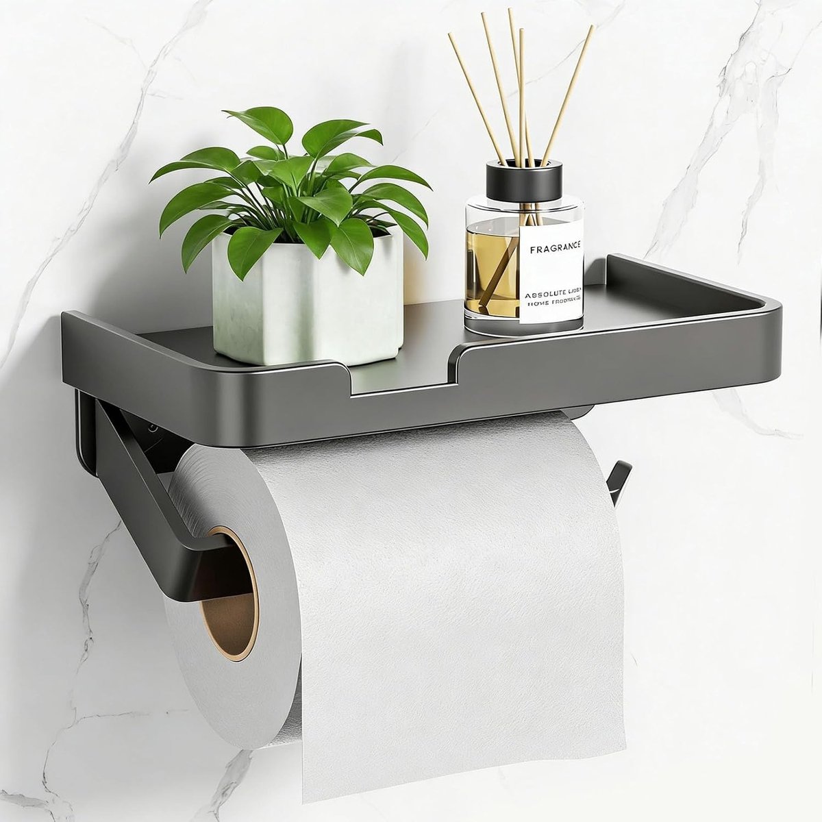 Zelfklevende Toiletpapierhouder zonder Boren met Plank voor Badkamer en Keuken - Grijs, Handig en Ruimtebesparend