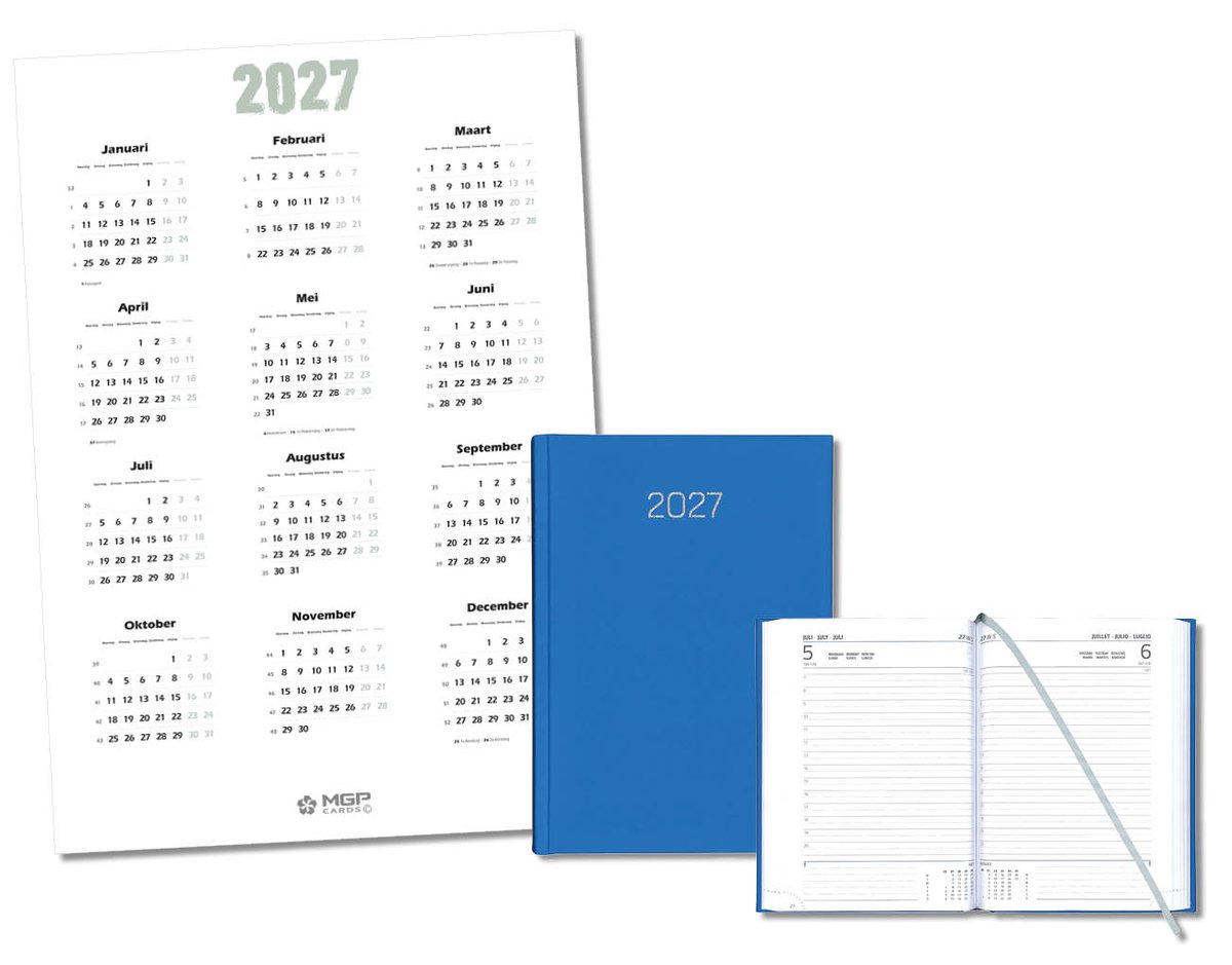 MGPcards - Bureau Dag-agenda 2027 - H42 Padua - A5 - 1 dag per pagina - 6-talig - Gewatteerde omslag - 14.8 x 21 cm - Mat Blauw + Jaar kalender - Kalender 2027 - Wandplanner - Jaarplanner - Grote planner - A2 formaat - Poster - 42 x 59,4 cm