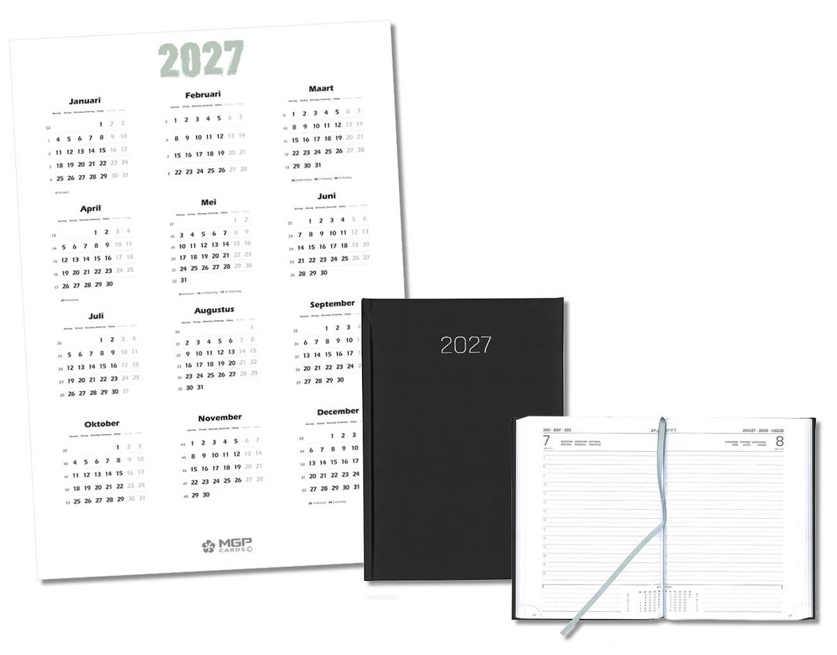 MGPcards - Bureau Dag-agenda 2027 - H42 Padua - A5 - 1 dag per pagina - 6-talig - Gewatteerde omslag - 14.8 x 21 cm - Mat Zwart + Jaar kalender - Kalender 2027 - Wandplanner - Jaarplanner - Grote planner - A2 formaat - Poster - 42 x 59,4 cm