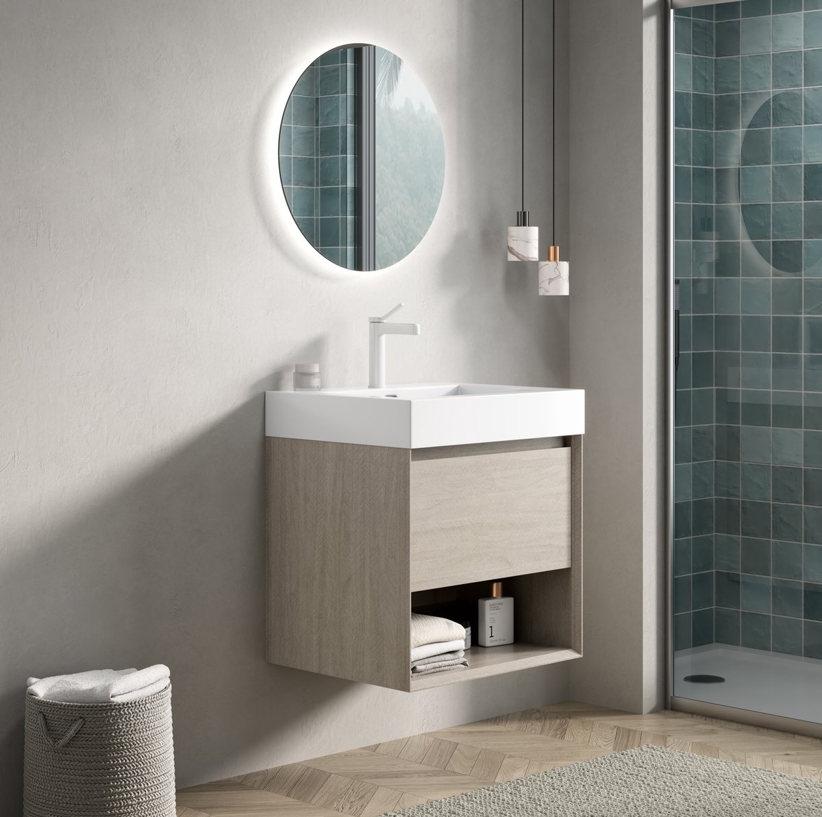 STILVORA Badkamermeubel - Hangend Met Geintegreerde Witte Wastafel En Lade - Voor Compacte Badkamer - Houtlook Licht Eiken - 55x46x60 Cm