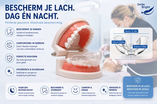 Tandenmodel met transparante nachtbeugel. Afmetingen van de nachtbeugel worden getoond.
