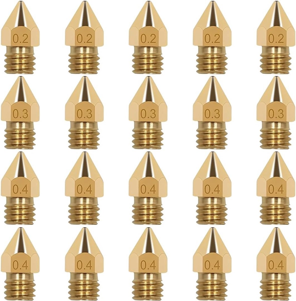 20-delige spuitmondset met 10 x 0.4 mm, 5 x 0.3 mm en 0.2 mm nozzles, ideaal voor 3D printen en precisiewerk.
