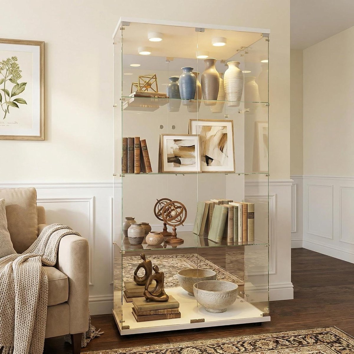 Glazen Vitrinekast - Staande Vitrine - Verzamelingen Tonen - Gespiegelde Achterwand - 164x80x36cm - Wit