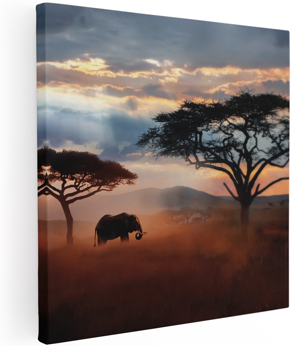 Artaza Canvas Schilderij Olifant In Het Wild - Savanne - 100x100 cm - Groot - Wanddecoratie Woonkamer - Schilderijen - Muurdecoratie