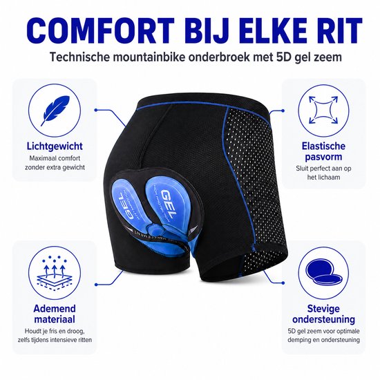 Geweo Mountainbike Onderbroek-Fietsbroek-MTB Broek-Fiets Sportonderbroek Voor Heren/Dames -Mesh-5D Gel Pad Shockproof-Shockproof Sportonderbroek - Ademend & Comfortabel-Zwart Blauw-Maat L — afbeelding 2