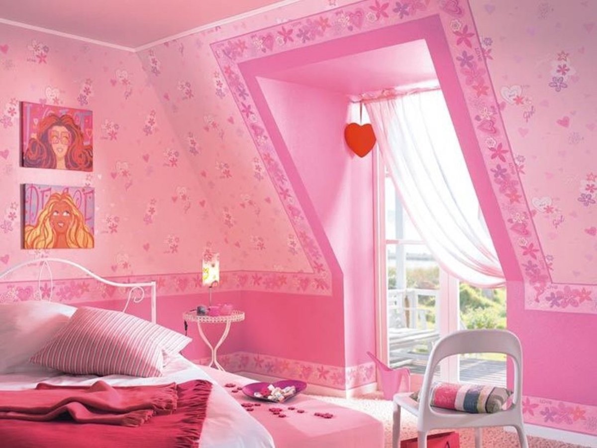 Meisjes behang roze hartjes girls en lovetext met glitter 544008