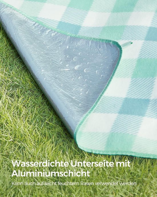 Picknickdeken, 200 x 200 cm, met 4 grondankers, groot, campingdeken, voor park, tuin, strand, waterdicht, opvouwbaar, groen-wit — afbeelding 4