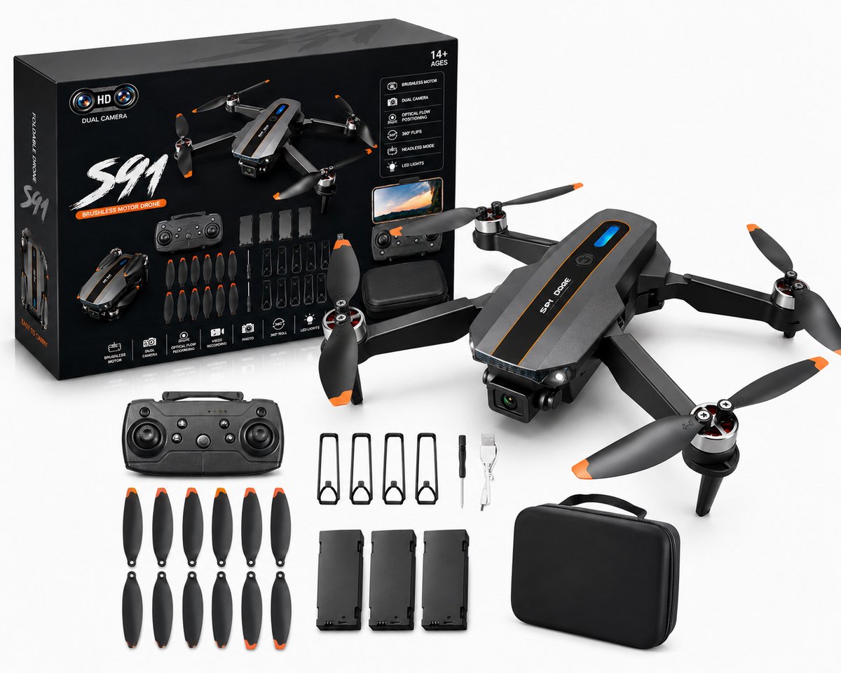 S91 Drone - Quadcopter met Dubbele 1080P Camera - Borstelloze Motoren - Intelligente Obstakelvermijding - Optical Flow en WiFi Livebeeld - 360° Flip - Voor Luchtfoto's, Video en Recreatief Vliegen