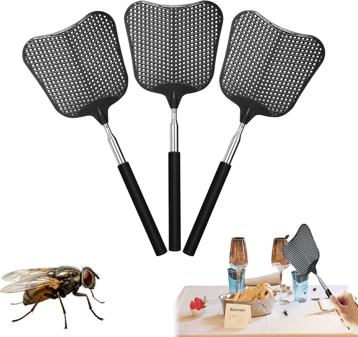 3 stuks - Vliegenmepper - Uitschuifbare vliegenmepper - Vliegenmepper van bananenblad - Plastic vliegenmepper - Met roestvrijstalen handvat - Stevig ontwerp - Zwart - 11 cm x 29 cm