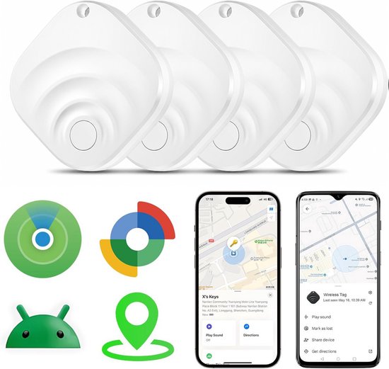 Set van vier witte, ronde Bluetooth-trackers met een oogje aan de bovenkant. Een telefoon toont de 'Find My Device'-app met een sleutelicoon op een kaart.