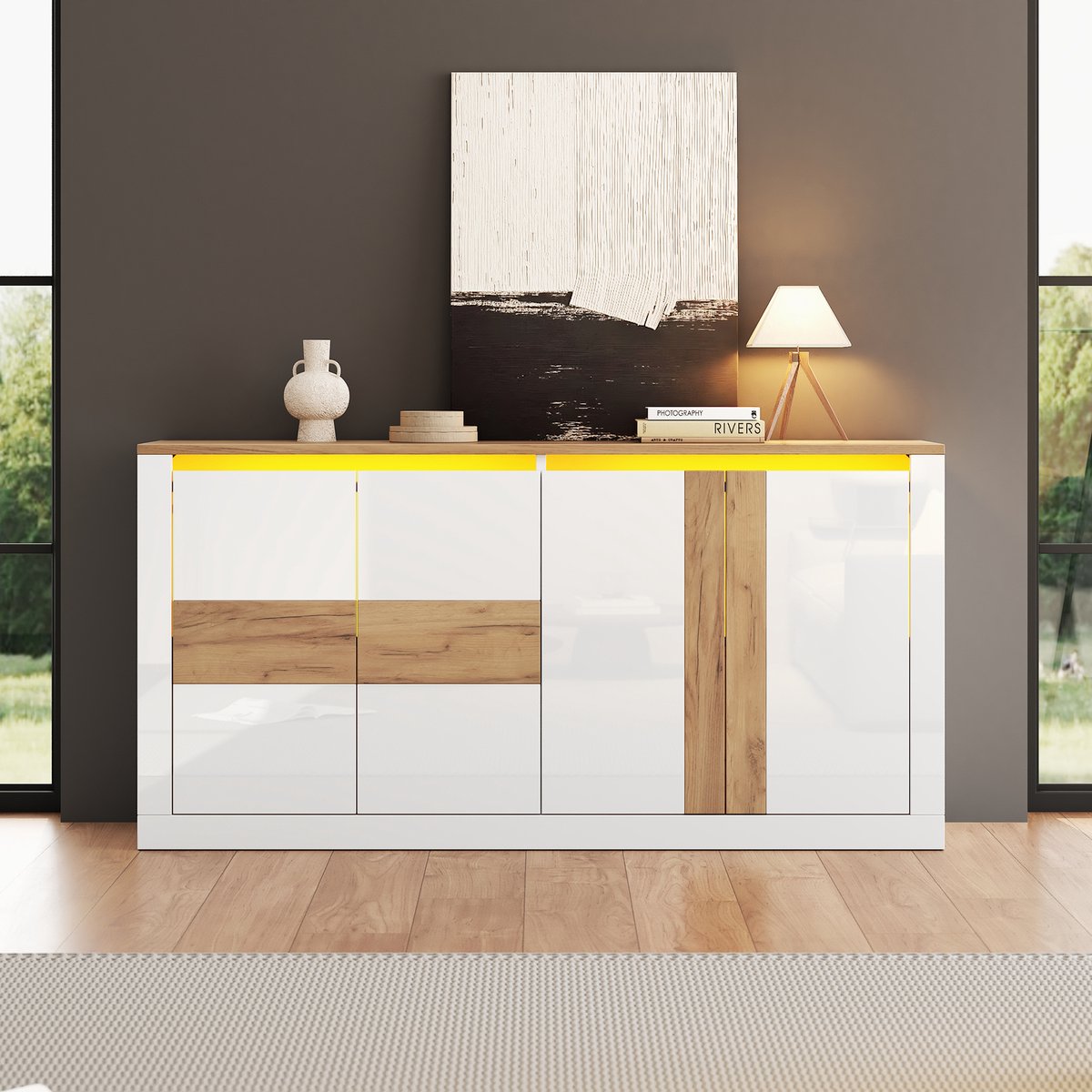 VVBV Dressoir 140x35x70 cm - RGB-LED, Schuifdeuren, Verstelbare Planken, Hoogglans, 4 Deuren - Wit/Naturel