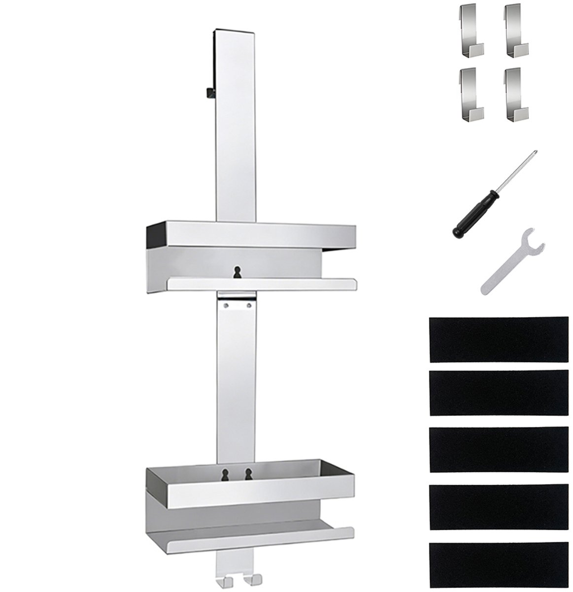 Douchewandhanger – Dubbellaags plank – Badkameropbergrek – Doucheopbergsysteem – Rek zonder boren – Hangend – Met haken – Geen boren nodig – Essentiële badkameropbergoplossing – Inclusief 4 haken – Roestvrij staal – Zilver