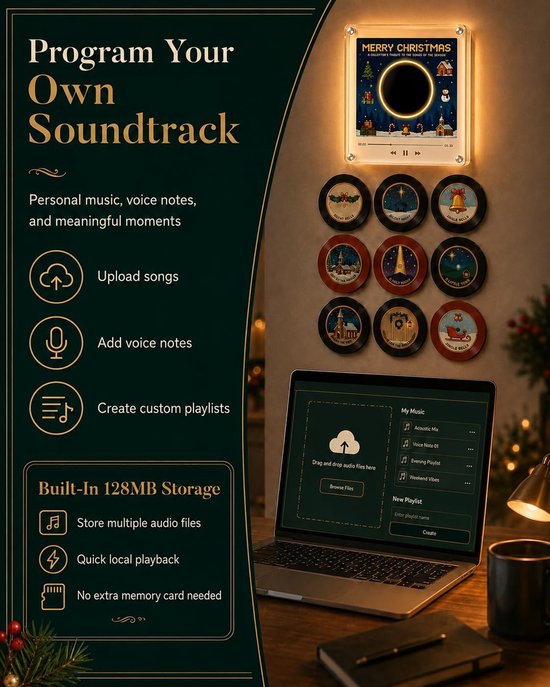 Magnetische Kerst Muziekdoos voor Koelkast - Met 9 NFC Mini Vinylplaten - USB-C Oplaadbaar - Afspeelmogelijkheid Zonder Telefoon - Sfeervolle Kerstdecoratie - SOLLBRY® — afbeelding 4
